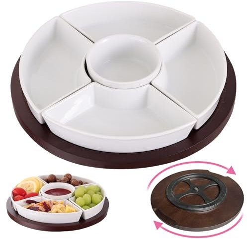 Unilives Chip and Dip Serving Set, Divided Serving Tray Wooden Lazy Susan with Removable Dipping Bowls, 360° Rotatable Porcelain Fruit Trays for Serving for Party, Appetizer, Chips, Fruits, Snack
