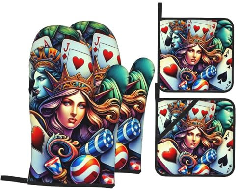4 Pezzi Guanti da Forno E Set di Presine American Card Guanti da Forno Divertenti Guanti da Cucina Resistente al Calore Guanti da Barbecue per Campeggio, Cucina, Cucinando
