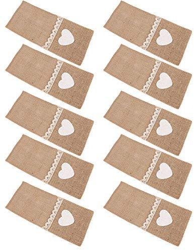 Glomora 10 Stück Jute-Spitzen-Besteckhalter, Jute-Messer- und Gabeltasche, Jutebeutel, Sackleinen, Messer, Gabel, Taschenbeutel für rustikale Hochzeits-Party-Dekorationen,
