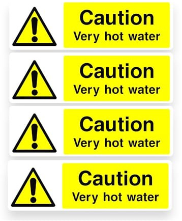 4 Pack - Small 10cm Caution Very HOT Water Self Adhesive Stickers - Danger Boiling Warning Sign Kitchen Resturant SG321