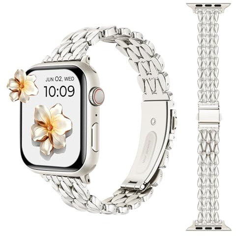 AoYi Acier Inoxydable Bracelet Femme Compatible avec Apple Watch 42mm 44mm 45mm 46mm 49mm, Luxe Rechange Métal Sangle pour iWatch Séries 10 9 8 7 6 5 4 3 2 1 SE SE2 Ultra 2, Starlight