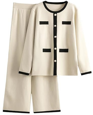 Damen Freizeitanzug Set Strick Elegant - Hausanzug Knopfleiste Strickpullover + Elegante Palazzhose Gerippt Strickanzug Baggy Freizeitanzug Lässige Strickset Loungewear Set