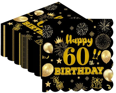 Servietten 60. geburtstag, 40 Stück Schwarze Gold Geburtstags Scalloped Servietten 2-Lagig Papierservietten für Hochzeit Jahrestag Empfang Veranstaltung Dekorationen