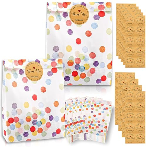ePicsoa 80 Stück Geschenktüten Kindergeburtstag + 90 Danke Aufkleber, Mitgebsel Tüten mit Premium-Druck, Wiederverschließbare Geburtstagstüten aus Papier für Partydekoration, Hochzeit & Goodie Bags