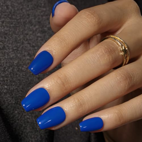 KQueenest Royal Blue Press on Nails Short Coffin, Short False Nails with Glue, Sheer Vibrant Bright Blue Fake Nails Press ons Medium Ballerina, Opaque Reusable Soft Gel Stick on Nail for Women, 30 Pcs
