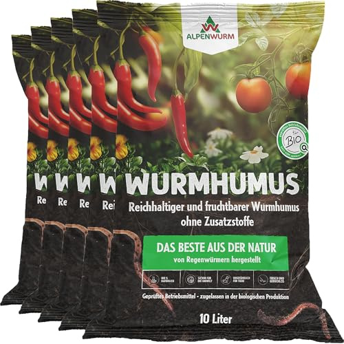 Alpenwurm Wurmhumus 50L | Wurmkompost pur | organischer Dünger | Bio Dünger (5x 10 Liter)