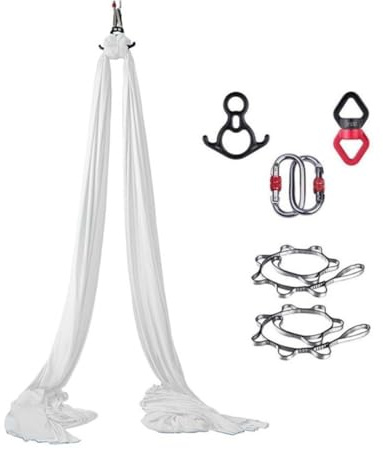 Aerial Yoga Handtuch (8 x 2,8 m) mit Verlängerungsgurt und Karabiner, Yoga-Schaukel mit hochelastischem Stretchgurt (weiß)
