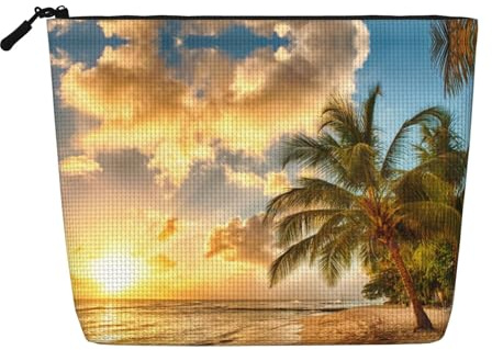 JEKYDOSD Sunset Hawaiian Palm Tree Print Fake Hemp Makeup Bag Waterproof Imitation Hemp Bag For Daily Life, Travel, And More