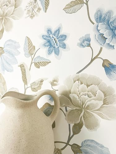 Newroom Vliestapete Weiß Blumentapete Wohnzimmer Schlafzimmer | Pfingstrosen in Blau Taupe auf Cremeweiß, leichte Prägung matt, Landhausstil Vintage, Mustertapete Flur Büro