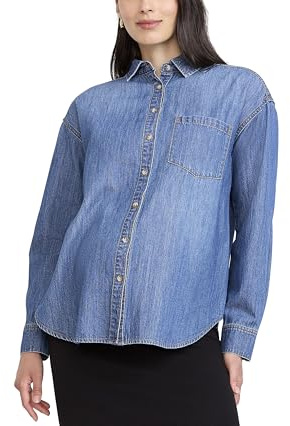 Motherhood Maternity Women's Denim Shacket Long Sleeve Button Down Pregnancy Shirt, Medium Wash, Medium