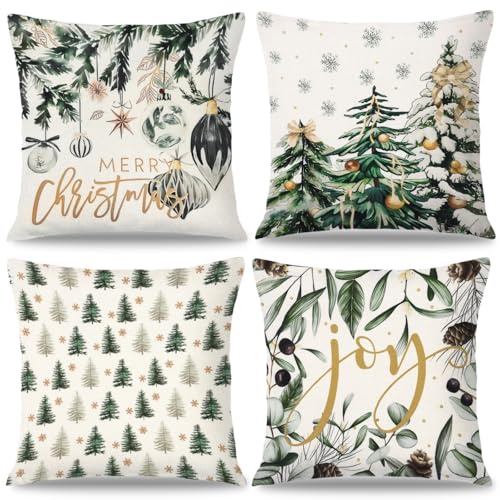 Dremisland Kissenbezug Weihnachten 45x45 cm 4er Set Leinen Weihnachtskissen Weihnachtsdeko Kissenbezüge Schneeflocke Kiefern Dekokissen Kissenhülle Winter Zierkissenbezug für Sofa (Grün, 45x45 cm)