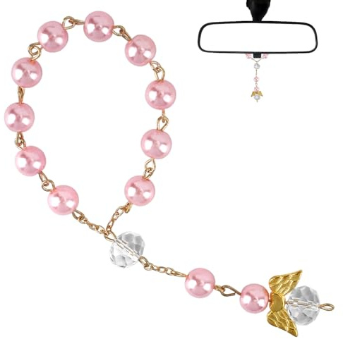Auto Rosenkranz Schutzengel Anhänger,Rückspiegel Anhänger,Guardian Angel,Rückspiegel Glücksbringer,Elegant Auto Deko Innenraum,Schutzengel Geschenk für Mann Frau,Schnappverschluss-Design (Rosa)