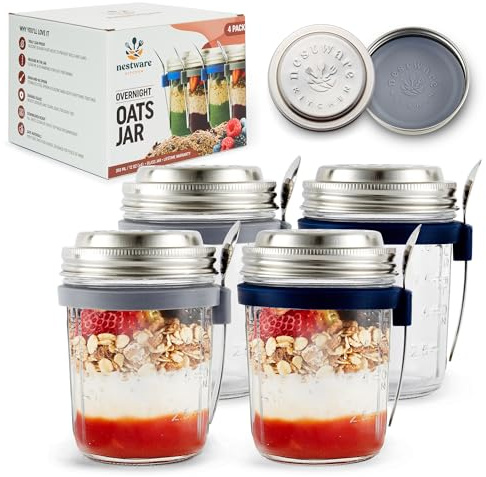 Nestware Kitchen Overnight Avena Barattolo con coperchio dosatore, guarnizione in silicone e cucchiaio – Contenitore per la colazione in vetro da 350 ml (confezione da 4)