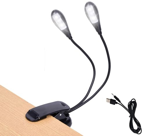 Music Stand Light, 1/2/4/10 Pack Clip on LED Book Lights, USB and AAA Battery Operated, Reading Lamp in Bed, 4 Brightness Levels, Ideal for Musician, Piano Player, Sheet Music, Travel (Dual Arm)