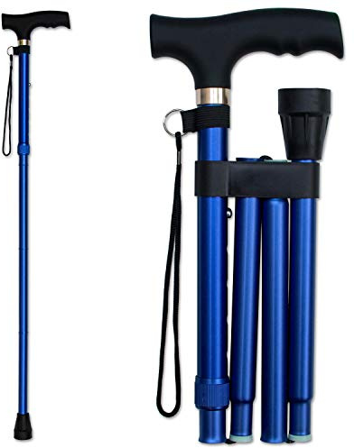 RMS Folding Cane - Foldable, Adjustable, Lightweight Aluminum Offset Walking Cane - Collapsible Walking Stick with Ergonomic Derby Handle - Ideal Daily Living Aid for Limited Mobility (Blue)