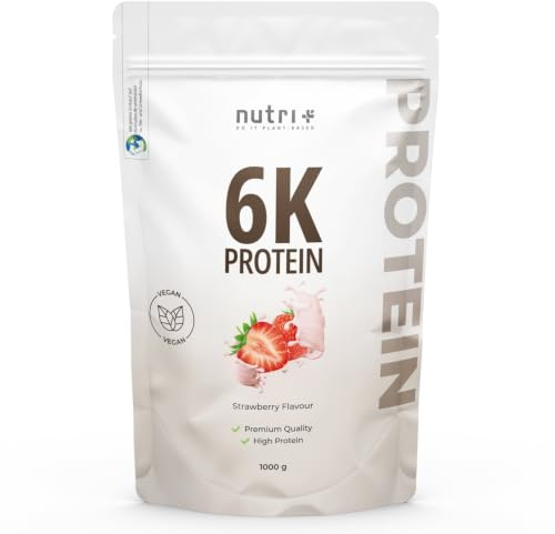 Nutri + Eiweißshake Erdbeere 1 kg - 6k Eiweiß Protein Pulver mit Soja Erbse Mandel Sonnenblume - Proteinpulver zuckerfrei + kalorienarm - Eiweißpulver