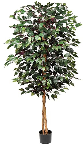 Kunstbaum Ficus Benjamini Künstliche Pflanze Baum Kunstpflanze Groß mit Echtholzstamm Ideal für die Innendekoration Grün Rot