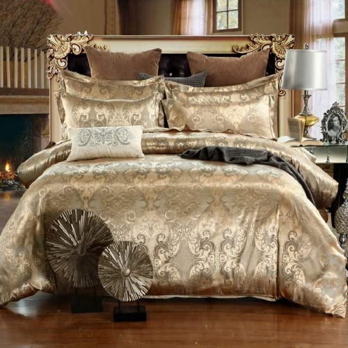 DXHOME Bettwäsche 135x200 cm Gold Beige Seide Satin Bettbezug Set 2teilig Glatt Glänzend Wendebettwäsche Microfaser Zweiteilig Jacquard Blumenmuster Bettwäschegarnitur Einzelbett mit Reissverschluss
