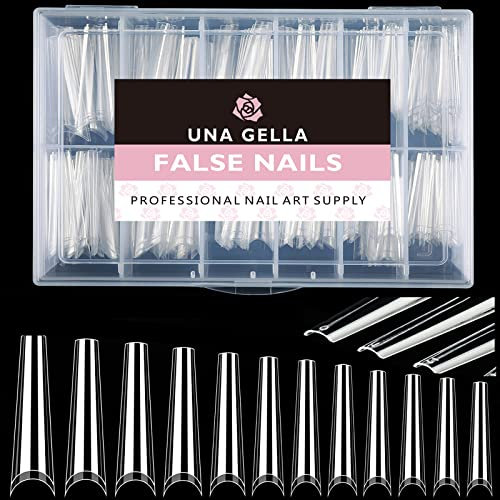 UNA GELLA Capsules Américaines Ongles Extra Longs Ballerine, 216 Pièces 12 Tailles Demi Capsules Ongles Faux Ongle XXL Acrylique avec Boîte pour Salon de Manucure et DIY Nail Art à la Maison