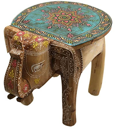 Gall&Zick Handgefertigter Elefanten-Hocker „Türkis“ – Mandala-Design, Mangoholz, ca. 30 × 28 × 42 cm – Dekorativer Beistelltisch/Sitzhocker