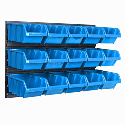 Lagersystem vägghylla 576 x 390 mm | 15 st. Box | stapelbara lådor, sorteringshylla, visningslådor | extra starka väggplattor | utbyggbar hylla | verkstadshylla, förvaringshylla, verkstadshylla,