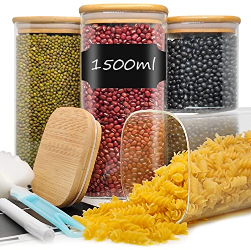 YOCOLE Vorratsdosen Glas 4er Set, 1500ml Vorratsgläser mit Deckel Eckig, Glasbehälter Holzdeckel, Aufbewahrungsgläser Küche für Cornflakes, Müsli, Bohnen