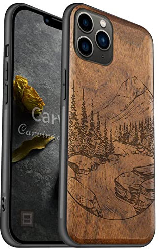 Carveit Coque Compatible avec iPhone 11 Pro Étui en Bois [Etui en Bois Rigide Antichoc avec Cadre en TPU] Téléphone Étui pour 11 Pro CoqueProtection (Noyer-Paysage Naturel Sauvage)