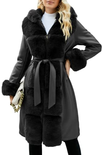 Giolshon Damen Langer Trenchcoat mit Gürtel Verdickter Fleece Parka Kunstleder und Wollimitat-Mischung
