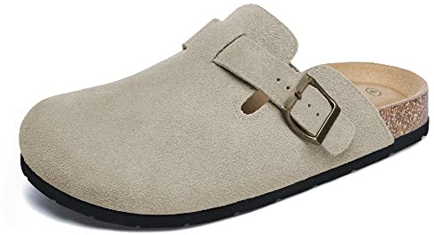 Xiakolaka Women's Suede Clogs Adjustable Buckle Slip on Footbed Home Clog Slippers Beige Size 8