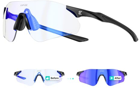 KAPVOE Selbsttönende Fahrradbrille Herren Damen UV400 22g TR90 K108 | Farbwechsel klar zu blau CAT.1-CAT.2, UV400 PC-Scheibe, 22g TR90, verstellbares Silikon-Nasenpad
