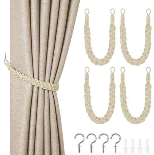 HOTUT Fermatende per Tenda, 4 Pezzi Fermatende Corda Fermatenda Tenda in Cotone Naturale, Corda per Tende con Fermatenda Fatti a Mano, Cordini per Tenda Trasparenti e Oscuranti in Corda di Cotone