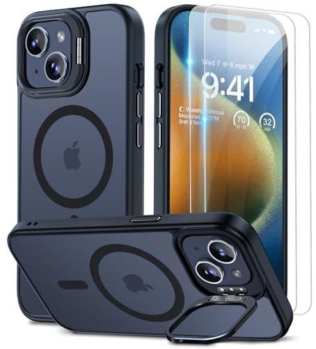 Beeasy für iPhone 15 Hülle für MagSafe mit Ständer, Handyhülle mit 2 Stück Schutzfolie für iPhone 15 Case Magnetische Stoßfest Schutzhülle Cover, Durchscheinend Matt Schwarz