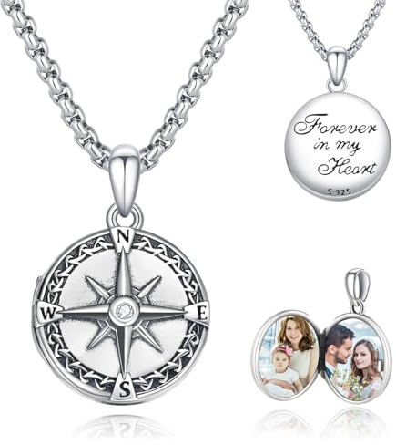 REDSUN Kompass Medaillon Herren 925 Sterling Silber Medaillon Kompass Kette Foto Medaillons Männer Amulett Kompass Schmuck Geschenke für Männer Frauen