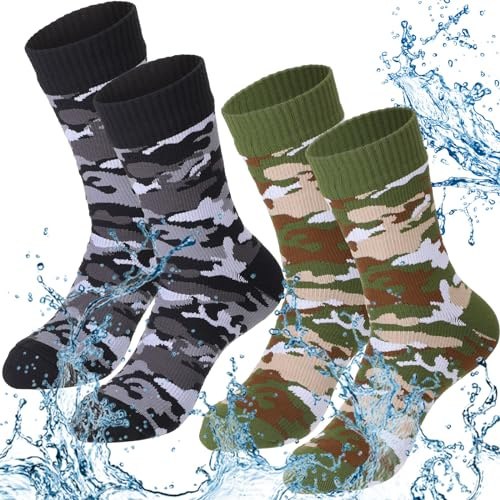 Jeyiour 2 pares de calcetines impermeables unisex impermeables transpirables calcetines al aire libre esquí senderismo vadeo pesca calcetines para hombres mujeres, Camouflaje, X-Large
