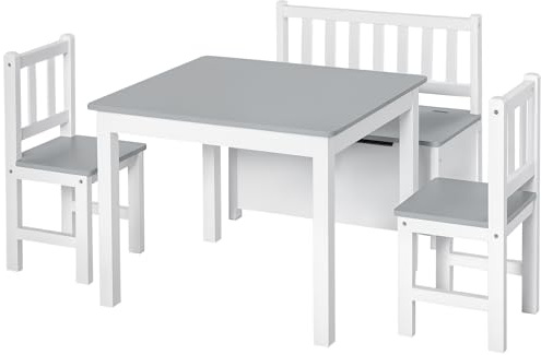 HOMCOM Set 4 Pezzi con Tavolo per Bambini, 2 Sedie e Cassapanca, Arredamento Cameretta, Tavolino con Sedie per Bambini in Legno Multiuso, Bianco e Grigio