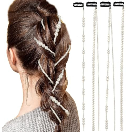 LiaSun Faux Pearls Hair Accessories Hand-made Imitation Pearl Hair Chains Hair Clip Wedding Artificial String of Pearls for Braids for Women,Pack of 4