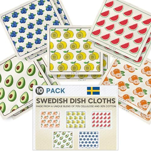 ZAINY Swedish Dish Cloth 10 Reusable Paper Towel Cloths for Washing & Drying Dishes, Dishcloths for Kitchen, Washable Cleaning Towels, Reutilisable Dishcloth, Sponge Towels