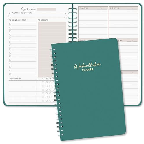 BIROYAL Undatierter Wochenplaner A5, 52 Wochen, 2 Seiten pro Woche | 120g Premium Papier Kein Durchschreiben, Ringbuch wöchentlicher Terminplaner mit To Do Liste, Habit Tracker für Büro Schule