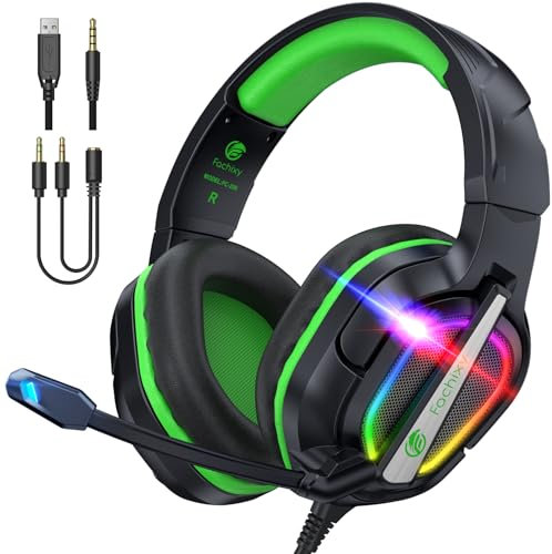 Fachixy FC-200 Faltbares Gaming-Headset für PS4/PS5/PC/Xbox/Nintendo Switch, PS5-Headset mit ENC-Mikrofon, 3,5-mm-Gaming-Kopfhörer mit RGB-Licht, RGB Schwarz Grün