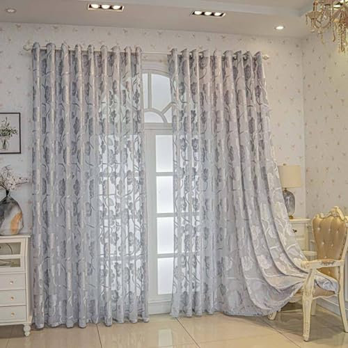 Beydodo Gardinen Küche Halbtransparent, Ösenvorhänge 2er Set 132x229CM Landhausstil Jacquard mit Blumen Motiv Gardinenschals Polyester Grau Vorhänge Schlafzimmer Wohnzimmer Küche