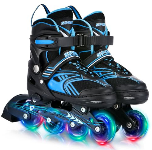 TOMSHOO Inliner, Rollschuhe Inline Roller Skates mit 4 Größen Verstellbar, LED Rädern, Mehrere Größenoptionen, Inlineskates für Kinder Erwachsene Jungen Mädchen, Blau, L