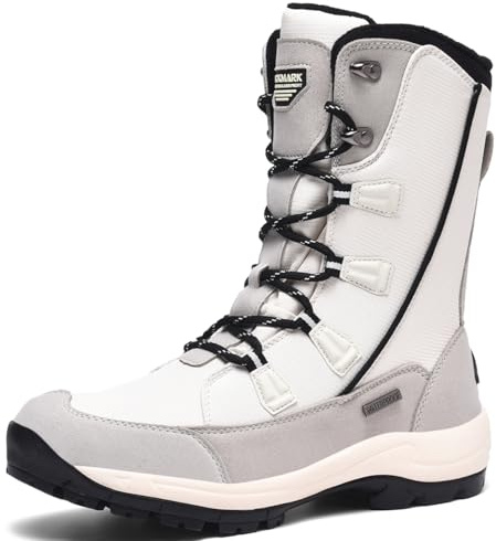 ROCKMARK Mens Winter Mid-Calf Snow Boots Fur Lined Warm Waterproof Slip On Outdoor Athletic Snow Boots (White, 10)