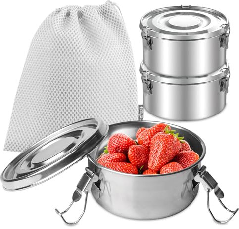 Juego de 3 cajas de almuerzo de acero inoxidable con tapa, almuerzo caja bento para aperitivos, frutas, cereales