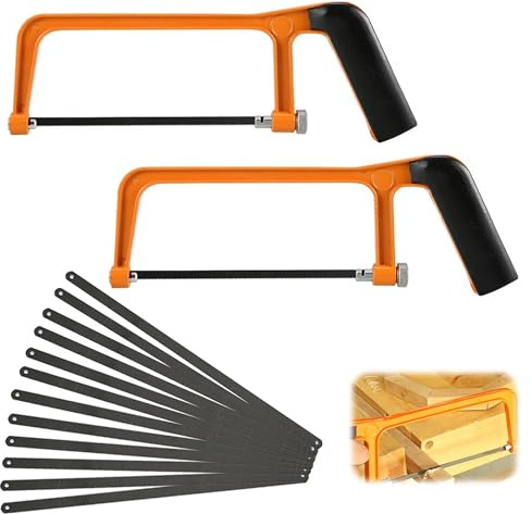 Junior Hacksaw, 2 Pcs Hacksaw for Metal Cutting with 12 Exchangeable Blades, Adjustable Angle Heavy Duty Mini Hacksaw Set for PVC Pipe Wood Tile Plastic Cutting Ergonomic Handle(Orange)