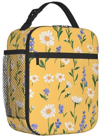 Mexpekil Lonchera térmica con aislamiento para mujeres y hombres, con diseño de margaritas pequeñas, bolsa térmica portátil con bolsillo lateral de malla para adultos, lonchera para el trabajo