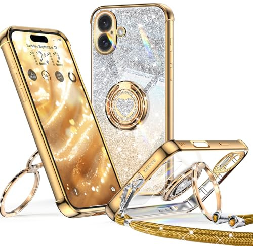 XYZ für iPhone 16 Hülle mit Band, Herzen Doppelring Ständer | Luxus Glitzer HandyHülle Kameraschutz, Frauen Stoßfest Elektroplattiert Case Soft TPU SchutzHülle Clear, Gold