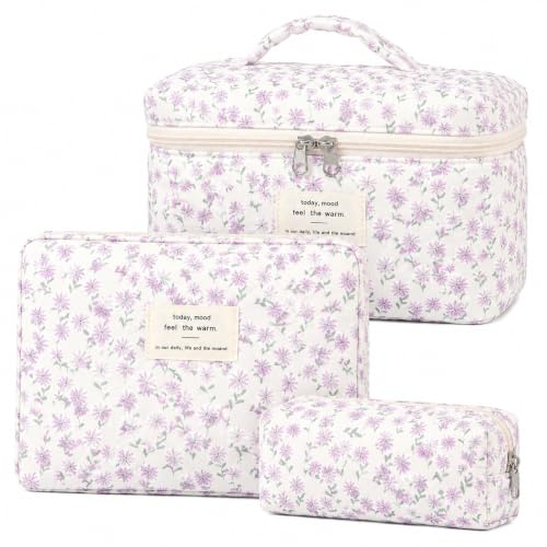 Kosmetiktasche Set Kulturtasche Damen mit Blumen, Baumwolle Make Up Tasche Bag, Tragbare Schminktasche Kulturbeutel Reise Zuhause, Cosmetic Bag Frauen Mädchen, Aesthetic Stuff Clean Girl