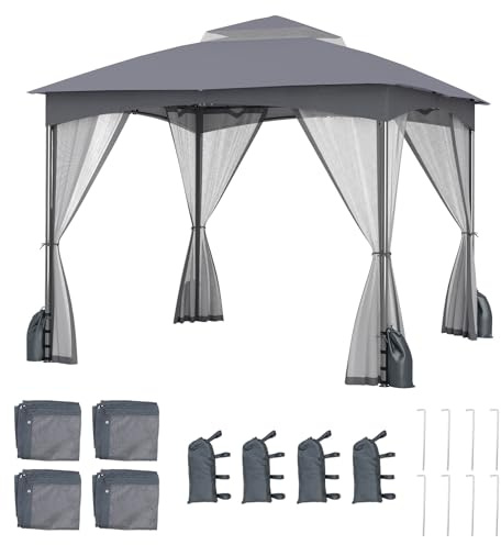 GOPLUS Tonnelle de Jardin Exterieur 3 x 3 m avec Moustiquaire, Lestage Poids, Pergola de Jardin Pliant Toit Double Ventilé, Piquets de Sol et 4 Sacs de Sable (3x3M|Gris)