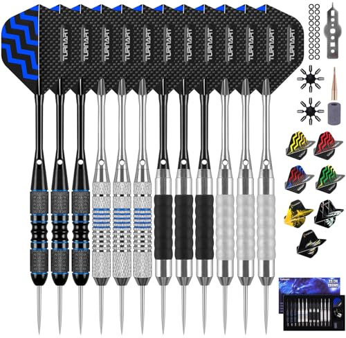 Turnart Juego de dardos de punta de metal, juego de dardos de punta de acero, juego de dardos de metal profesional, juego de 12 piezas de 24 gramos, 20 juntas tóricas de aluminio, 24 vuelos
