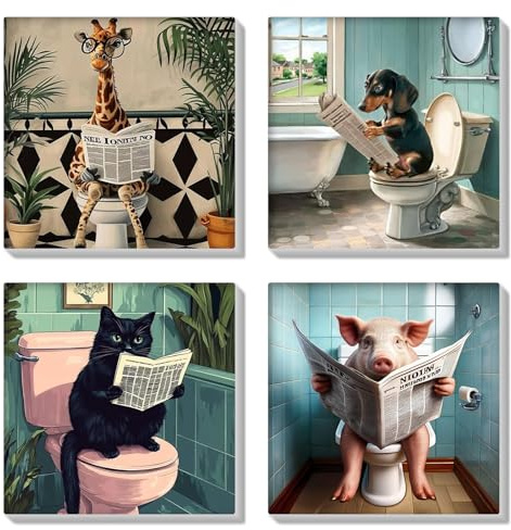 HEIBAGO Framed Paint by Numbers for Audlts Beginners, 4 Pack Animal Reading Newspaper Paint by Numbers Canvas, Audlt DIY Oil Paint by Numbers Kits, Painting Art Craft for Home Wall Decorate,20x20cm